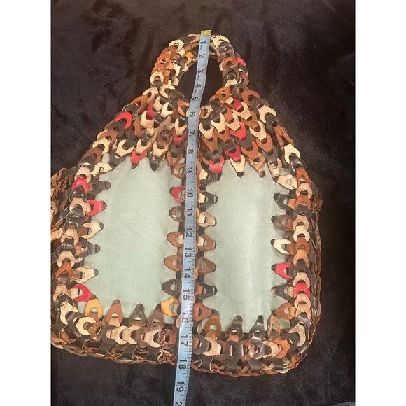 VINTAGE 60's 70's ALL LEATHER MULTI LINKS BOHO HIPPIE BAG W/ AQUA PANELS - Picture 4 of 5